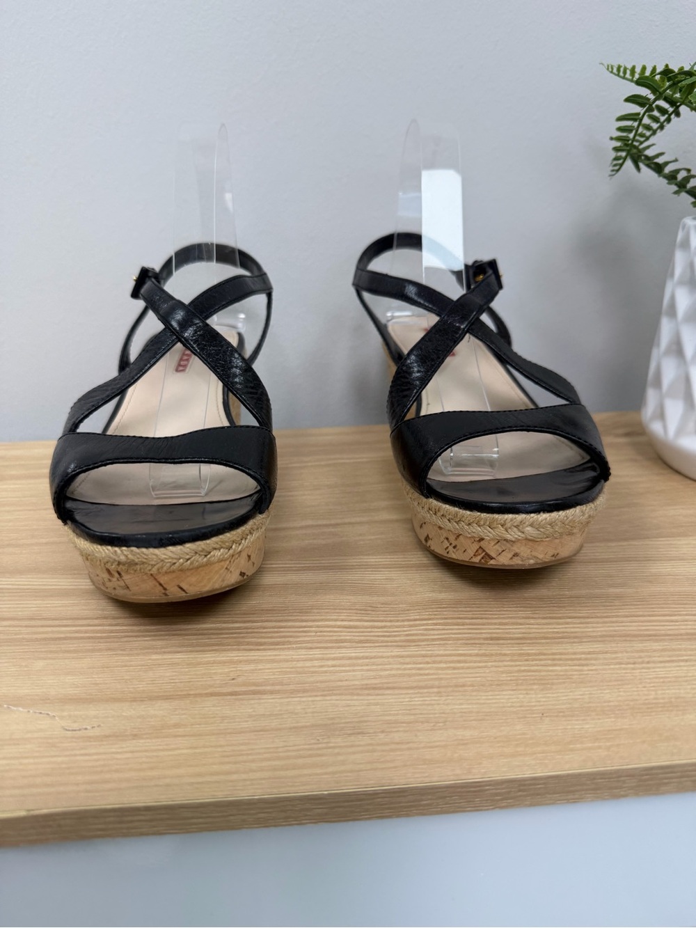 Vintage Prada Black Leather Wedge Sandals with Cork Platform 3XZ144 SZ 39.5 - Picture 3 of 9